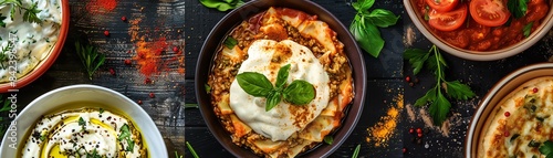 Top view collage of Greek cuisine, featuring moussaka, souvlaki, and tzatziki, with fresh herbs and vegetables photo