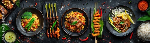 Top view collage of Indonesian food, showcasing nasi goreng, satay, and gadogado, with a variety of vibrant ingredients photo