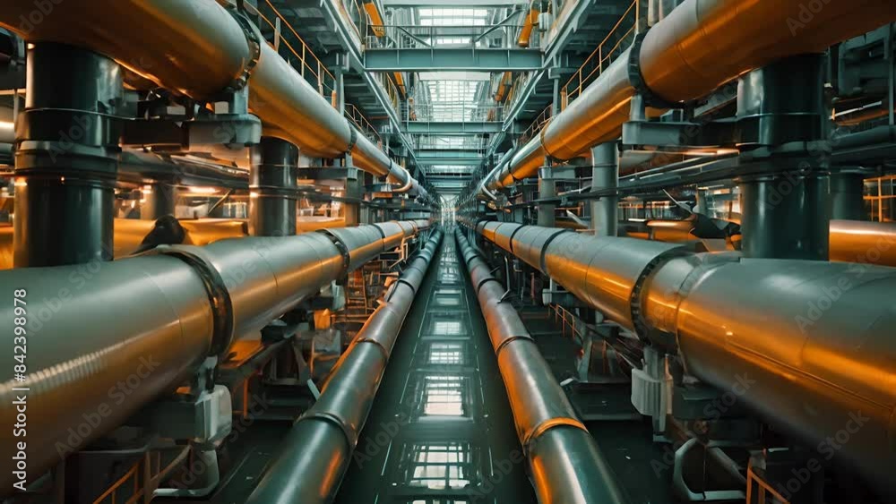 A symmetrical arrangement of large industrial pipes within a modern facility A symmetrical arrangement of large industrial pipes within a modern facility