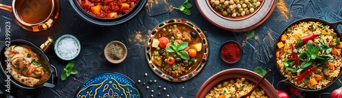 Top view collage of Moroccan dishes, showcasing tagine, couscous, and mint tea, with aromatic spices and vibrant presentation
