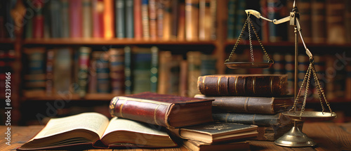 Legal books and scales of justice on a desk