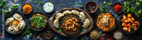 Top view collage of Nepalese cuisine, showcasing momos, dal bhat, and gundruk, with vibrant and hearty ingredients photo