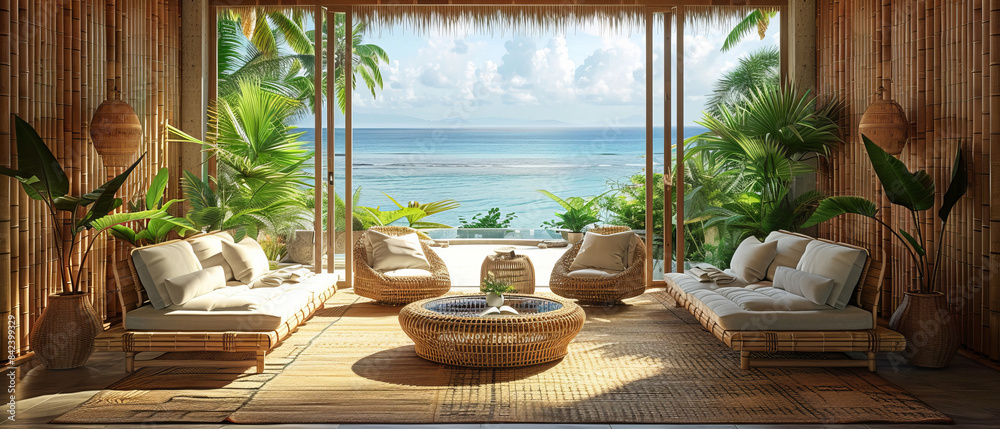 Fototapeta premium Living area of a tropical residence with bamboo furniture and a view of the ocean, octane , ,