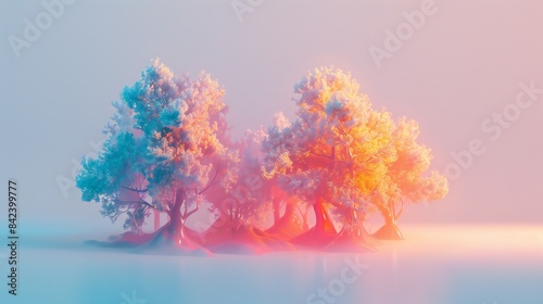 Bright 3D minimal forest with simple tree shapes in various hues, set against a light blue sky. © BGSTUDIOX