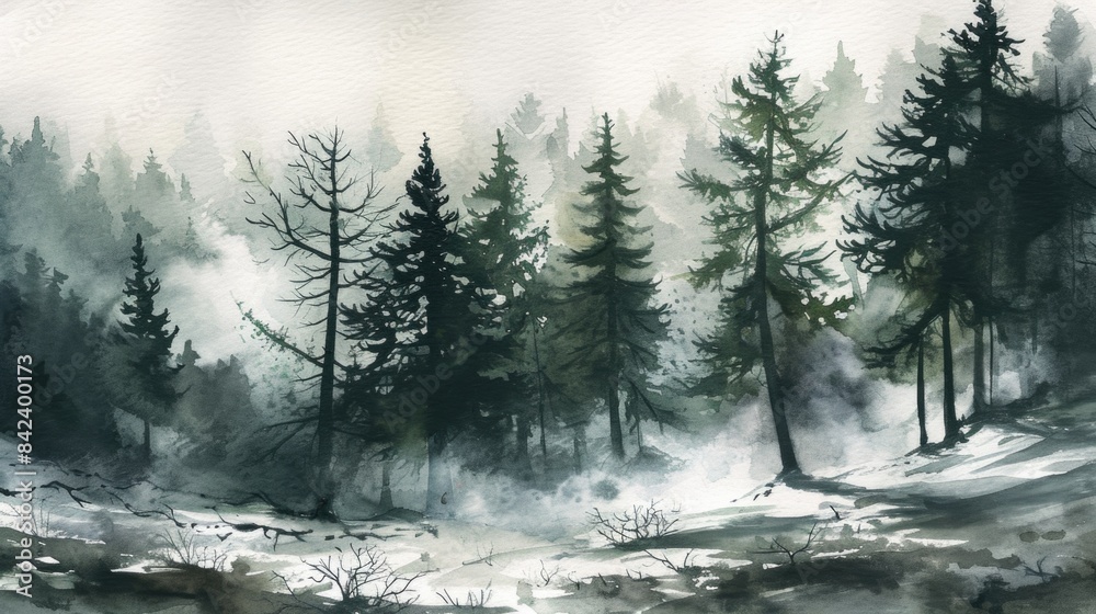 A serene winter forest scene with snow-covered trees and a calm atmosphere A serene winter forest scene with snow-covered trees and a calm atmosphere