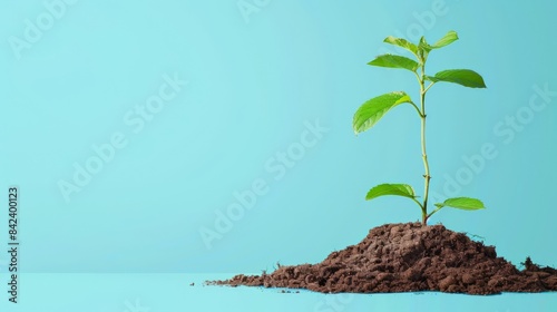 A small sapling sits to the right in a small mound of soil on a pure sky blue background