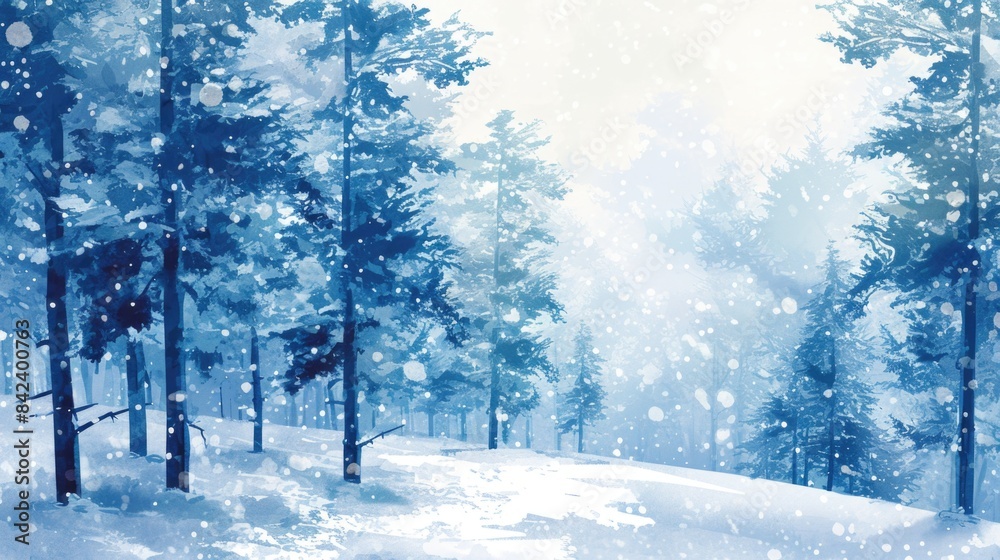 A peaceful winter scene with snow-covered trees and a serene atmosphere A peaceful winter scene with snow-covered trees and a serene atmosphere