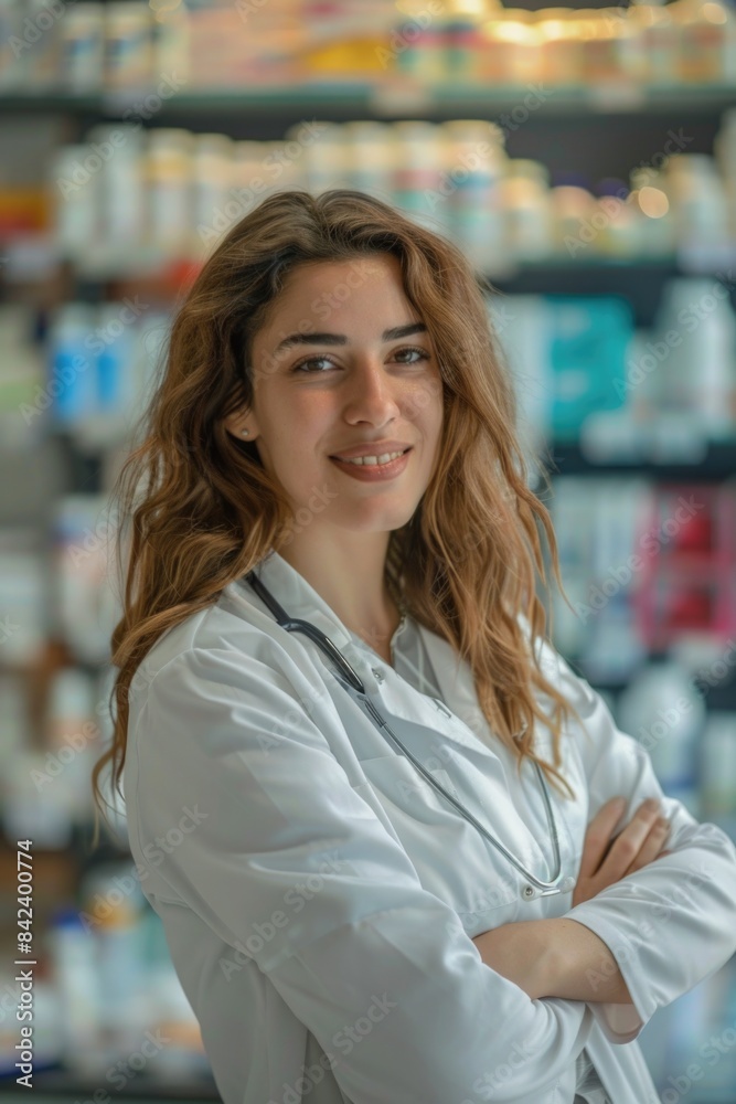 A pharmacist stands in front of a pharmacy shelf, surrounded by medication and medical supplies A pharmacist stands in front of a pharmacy shelf, surrounded by medication and medical supplies