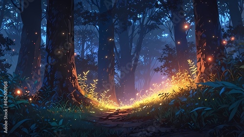 Firefly in the night forest 