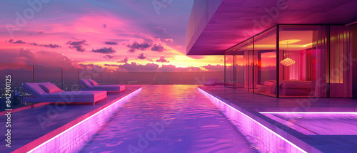 Luxury rooftop pool with neon ambient lighting and minimalistic design photo