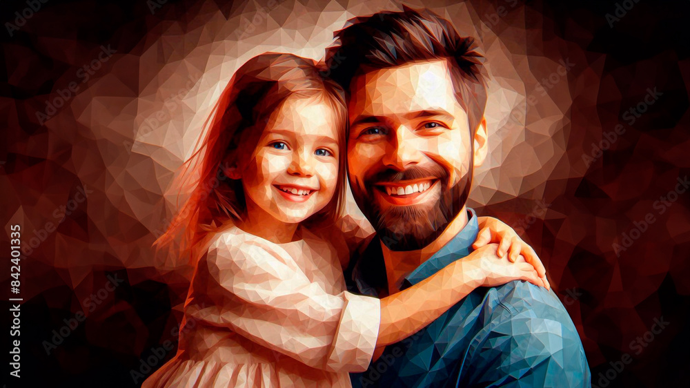 Fototapeta premium Portrait of a happy family of father and daughter. Low poly, polygonal art