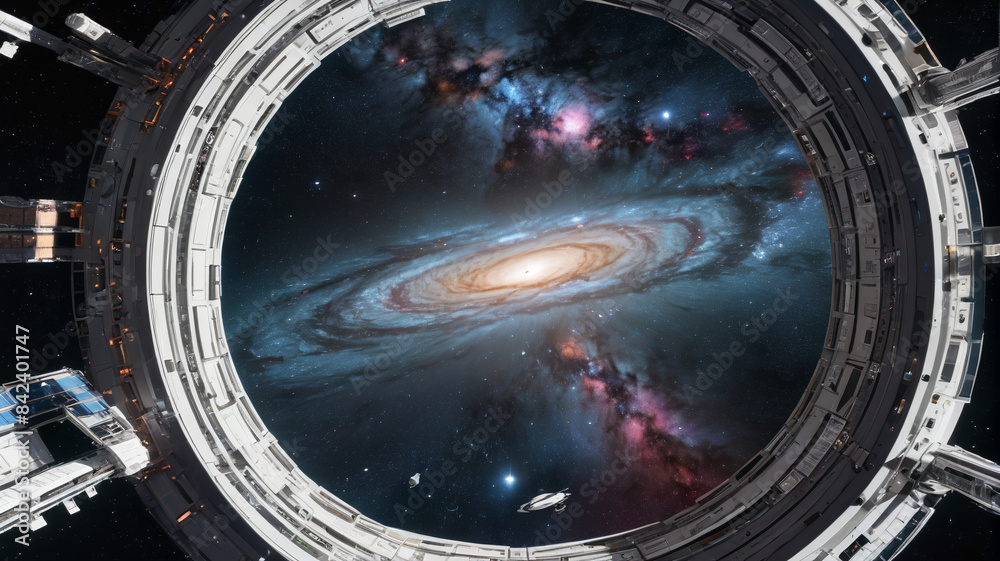 Visualizing a state-of-the-art space station drifting through the cosmos with stars and galaxies as its backdrop, Generative AI Visualizing a state-of-the-art space station drifting through the cosmos with stars and galaxies as its backdrop, Generative AI