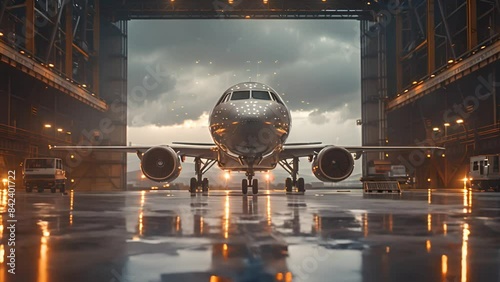 A modern aircraft is positioned in the center of an illuminated hangar