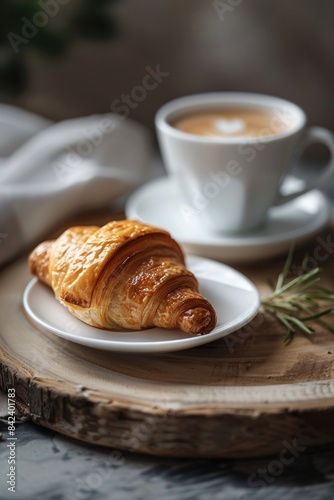 A flaky croissant sits on a plate next to a steaming cup of coffee  perfect for breakfast or brunch