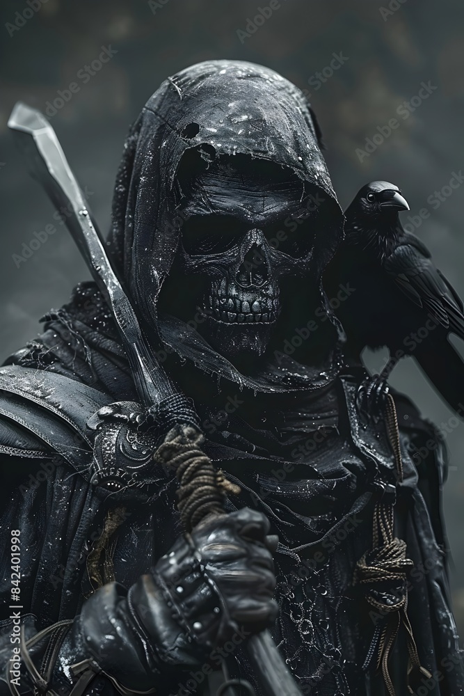 Fototapeta premium Personification of Death - Skull-faced Grim Reaper with Crow and 3D