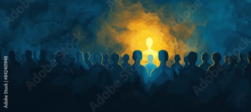 Yellow figure standing out among dark crowd  brand differentiation and competition stand out concept