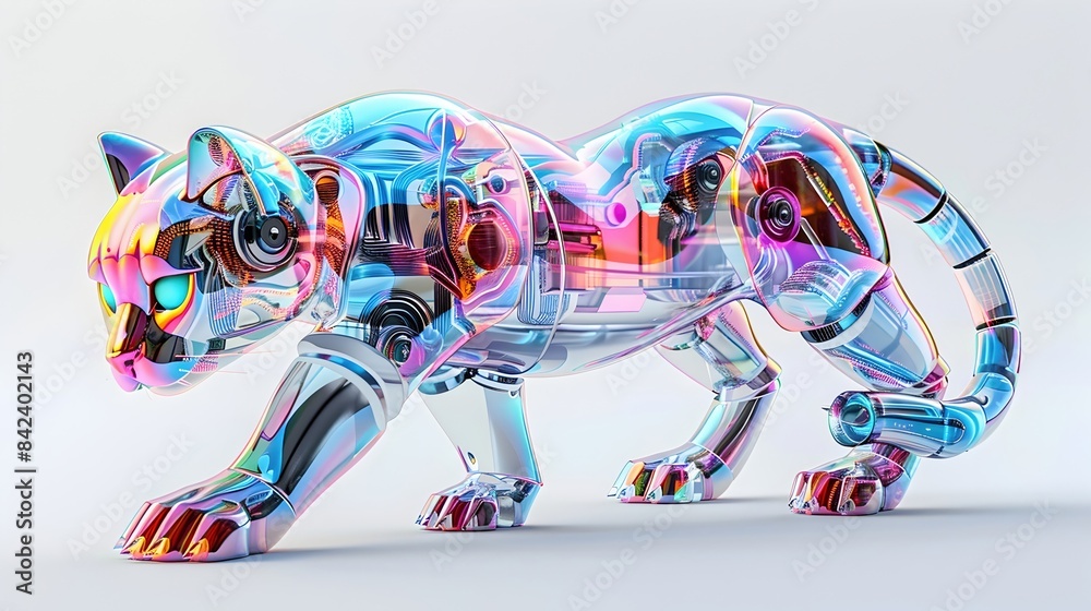 Obraz premium Retrofuturistic Chrome Feline Robot with Holographic Fur and Expressive Animated Features
