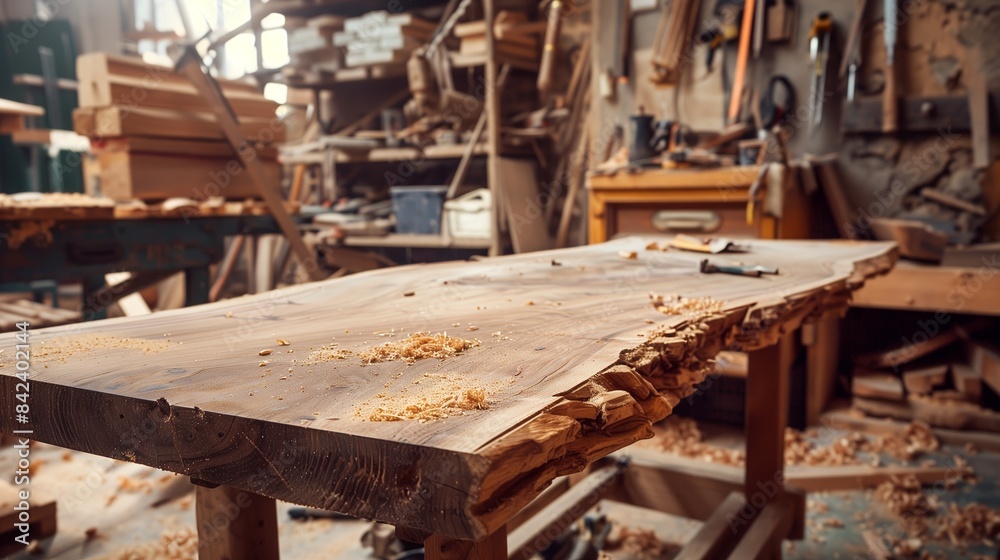 A vibrant woodworking studio buzzes as craftsmen transform wood into an ornate table, tools and sawdust everywhere. A vibrant woodworking studio buzzes as craftsmen transform wood into an ornate table, tools and sawdust everywhere.