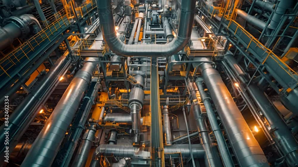 A complex network of industrial pipes and machinery