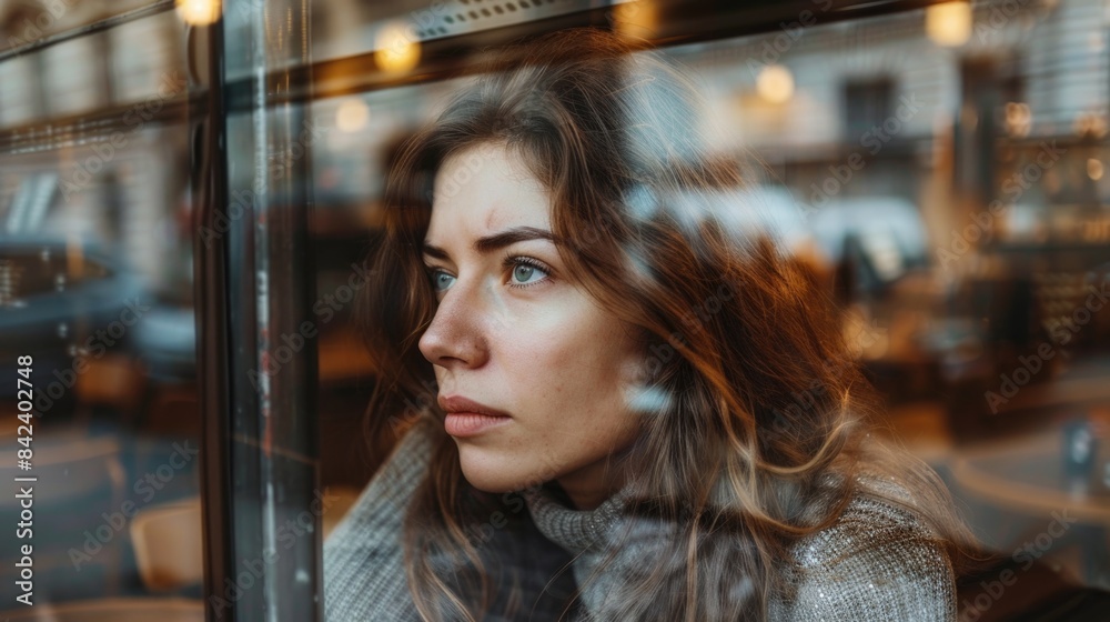 A person looking out of a building window with a view outside A person looking out of a building window with a view outside