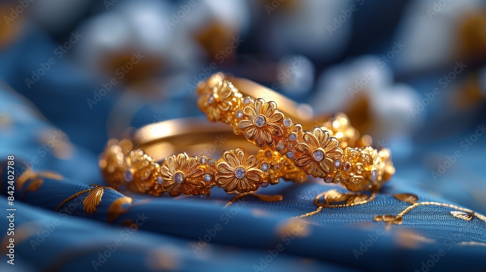 Two Gold Bangles With Floral Design On Blue Fabric Two Gold Bangles With Floral Design On Blue Fabric