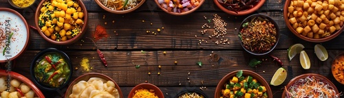 Top view of a colorful spread of Indian street food, including pani puri, bhel puri, and sev puri, displayed on a rustic wooden table photo