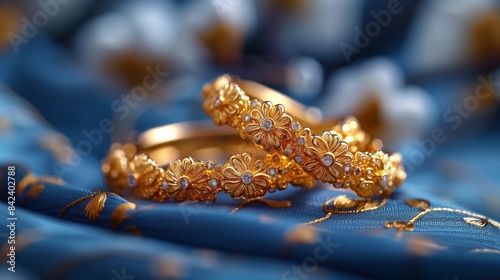Two Gold Bangles With Floral Design On Blue Fabric