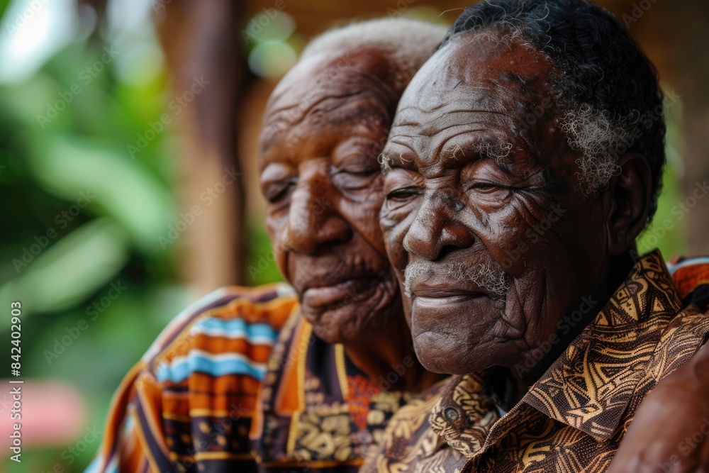 A close-up shot of two older men seated beside each other, likely friends or family members A close-up shot of two older men seated beside each other, likely friends or family members