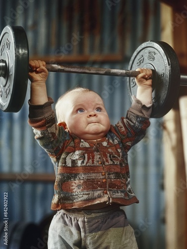 A young child holds a barbell above their head, showing enthusiasm and interest in weightlifting photo