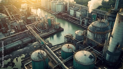 A detailed aerial view of an industrial plant featuring large storage tanks and a network of pipes photo