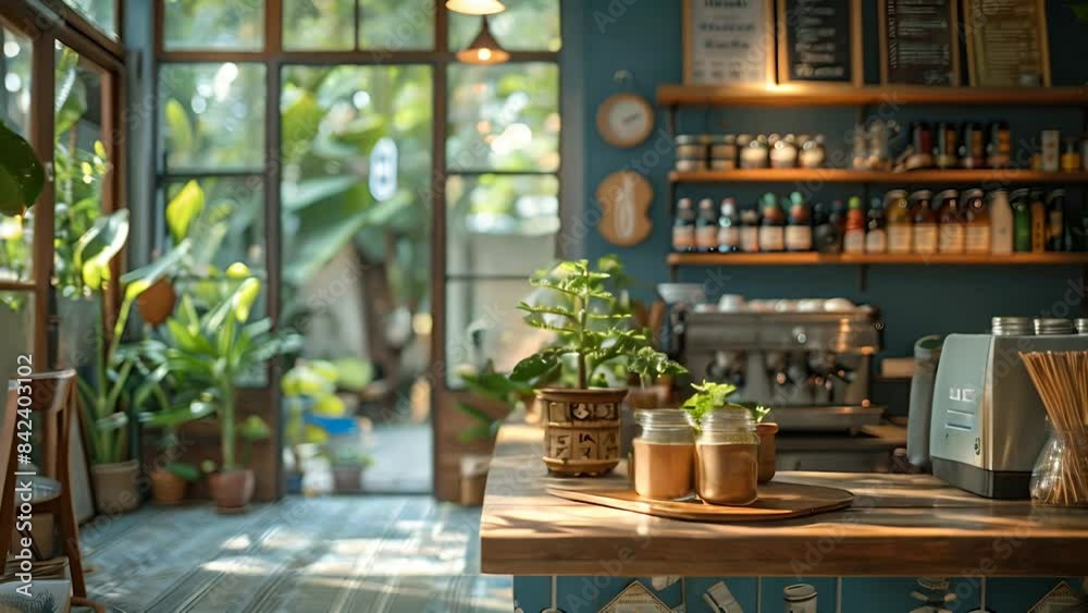 A charming cafe interior featuring a wooden countertop with potted plants and beverages A charming cafe interior featuring a wooden countertop with potted plants and beverages