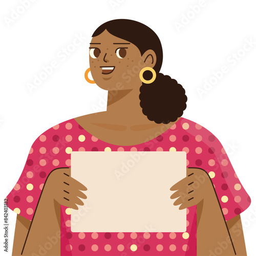 Illustration d'une jeune femme brune type Indienne qui tient une pancarte dans ses mains, on peut ajouter du texte pour communiquer une information, personnage aux cheveux bouclés avec un sourire