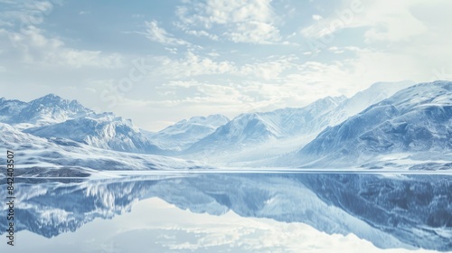 A serene lake scene with snow-capped mountains in the background, perfect for use in travel or nature-themed projects