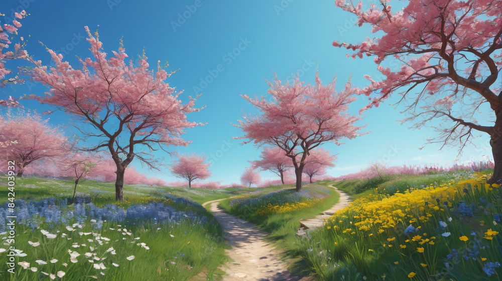 The Breath of Spring: Strolling under clear skies as the invigorating spring breeze revitalizes the landscape with life and color, Generative AI The Breath of Spring: Strolling under clear skies as the invigorating spring breeze revitalizes the landscape with life and color, Generative AI