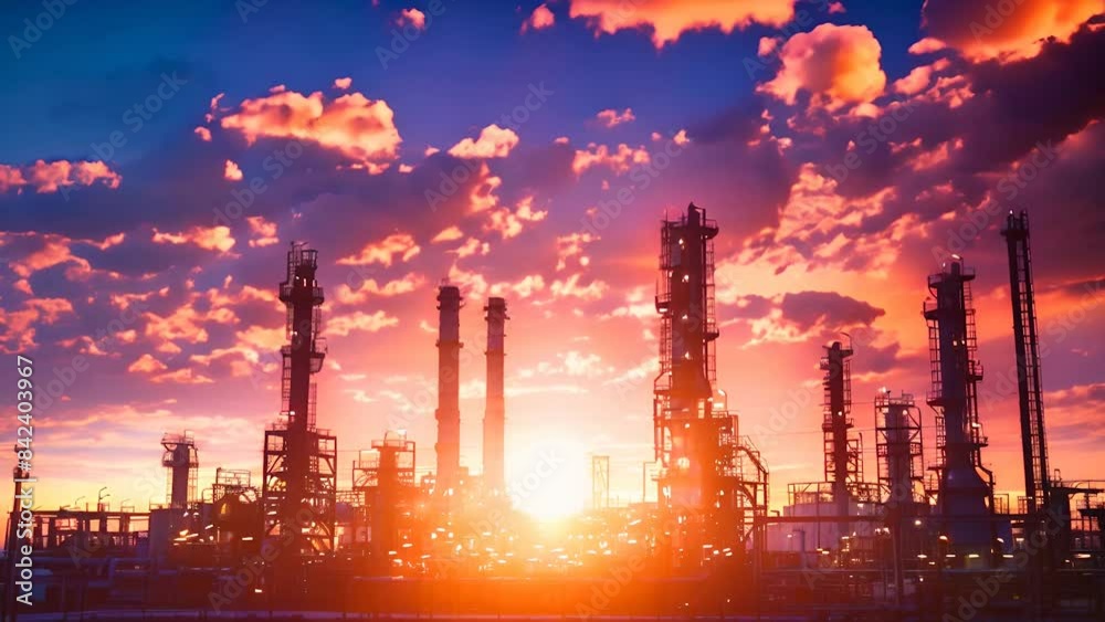 A stunning view of an industrial refinery silhouetted against a vibrant sunset A stunning view of an industrial refinery silhouetted against a vibrant sunset