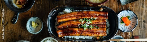 Top view of a Japanese izakaya table with grilled eel unagi over rice, surrounded by small dishes of miso soup and pickles