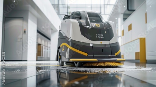 A wireless, futuristic vacuum cleaning robot on a schedule, working in a office.