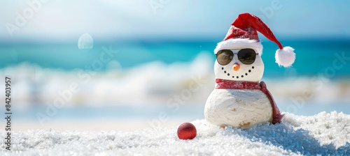 Cheerful snowman in santa hat and sunglasses on sunny beach with copy space for summer holiday theme
