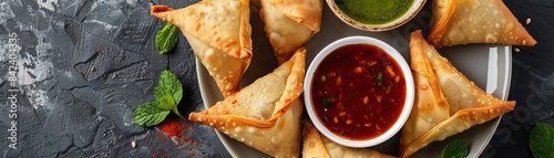 Top view of a plate of crispy samosas with a side of mint chutney and tamarind sauce, highlighting the golden, flaky pastry