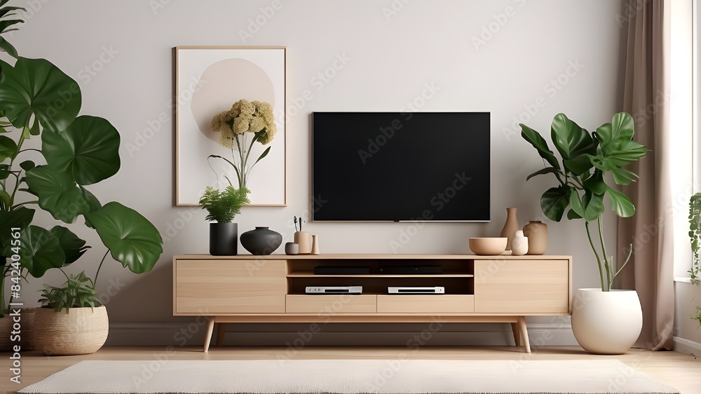 living room interior mockup. TV cabinet or place item in contemporary living room with table, light, flower, and plant. Generative AI. living room interior mockup. TV cabinet or place item in contemporary living room with table, light, flower, and plant. Generative AI.
