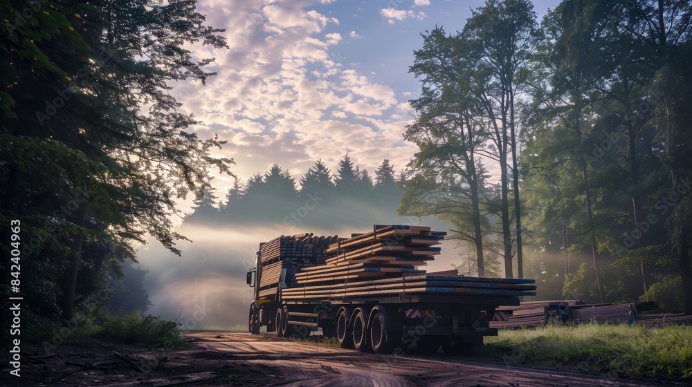 Obraz premium A serene morning in the forest shows neatly stacked wooden boards on a truck amid a rising mist.