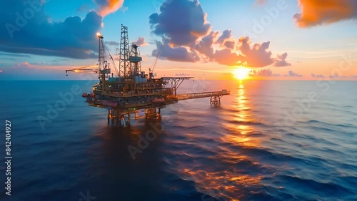 Oil Platform Silhouette at Sunset with Gulls photo