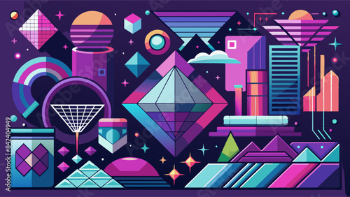 Abstract shapes collection is a trending mixture modern diverse design elements, geometric shapes. Cyberpunk retro futurism set, vaporwave. Memphis design elements for web, advertisement,posters