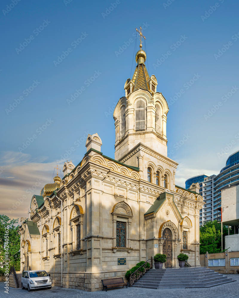 View of the Holy Myrrhbearers Cathedral in Baku, Azerbaijan, a Russian Orthodox Church with a traditional tower, dome and ornate facade View of the Holy Myrrhbearers Cathedral in Baku, Azerbaijan, a Russian Orthodox Church with a traditional tower, dome and ornate facade