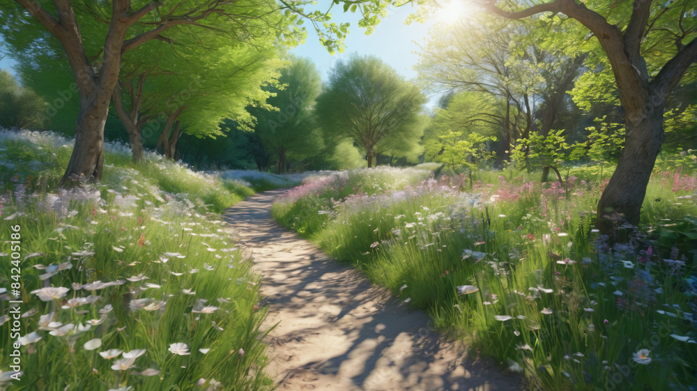 The Awakening Breeze: Walking along sun-dappled paths as the invigorating spring breeze breathes life into the awakening flora, Generative AI The Awakening Breeze: Walking along sun-dappled paths as the invigorating spring breeze breathes life into the awakening flora, Generative AI