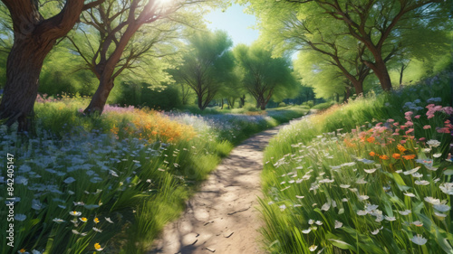 The Awakening Breeze: Walking along sun-dappled paths as the invigorating spring breeze breathes life into the awakening flora, Generative AI