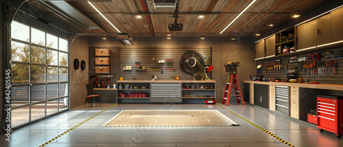 Minimalist garage with luxury finishes and organized tools