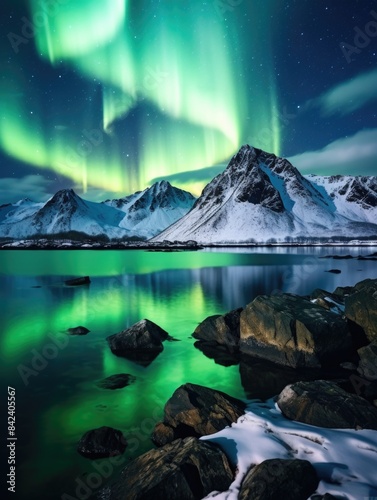 The aurora bore lights up the night sky over a mountain range, with shades of green and purple visible © vefimov