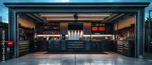 Minimalist garage with sleek design and organized tools