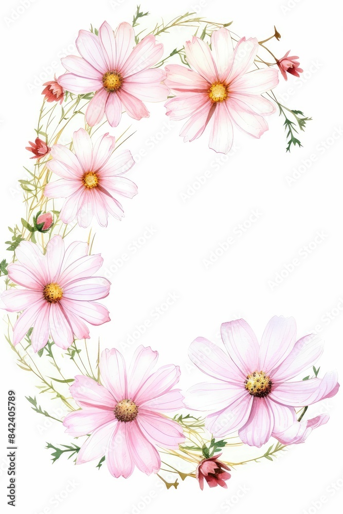 cosmos themed frame or border for photos . delicate pink and white flowers. watercolor illustration, white color background. cosmos themed frame or border for photos . delicate pink and white flowers. watercolor illustration, white color background.